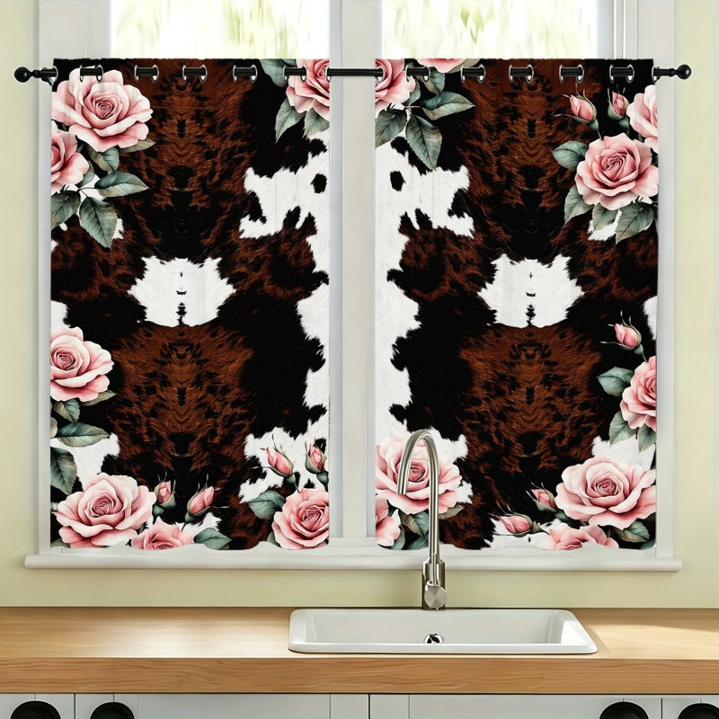 2Pcs Cow Print Rose Blackout Curtains, Floral Botanical Drapes for Living Room Bedroom Farmhouse Decor, 53*85inch*2pcs