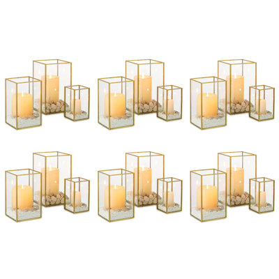 Candle Lantern For Wedding Centerpiece: 18 Pcs Clear Hurricane Glass Pillar Candles Holder With Gold Frame Bulk Decorative Candle Lanterns For Christmas Dining Table Decor 8.1 & 6.5 & 4.7 Inch