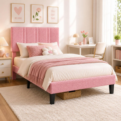 Boucle Upholstered Platform Bed Frame with Padded Headboard & Wood Slats | 800 lb Support & No Box Spring Needed for Bedroom