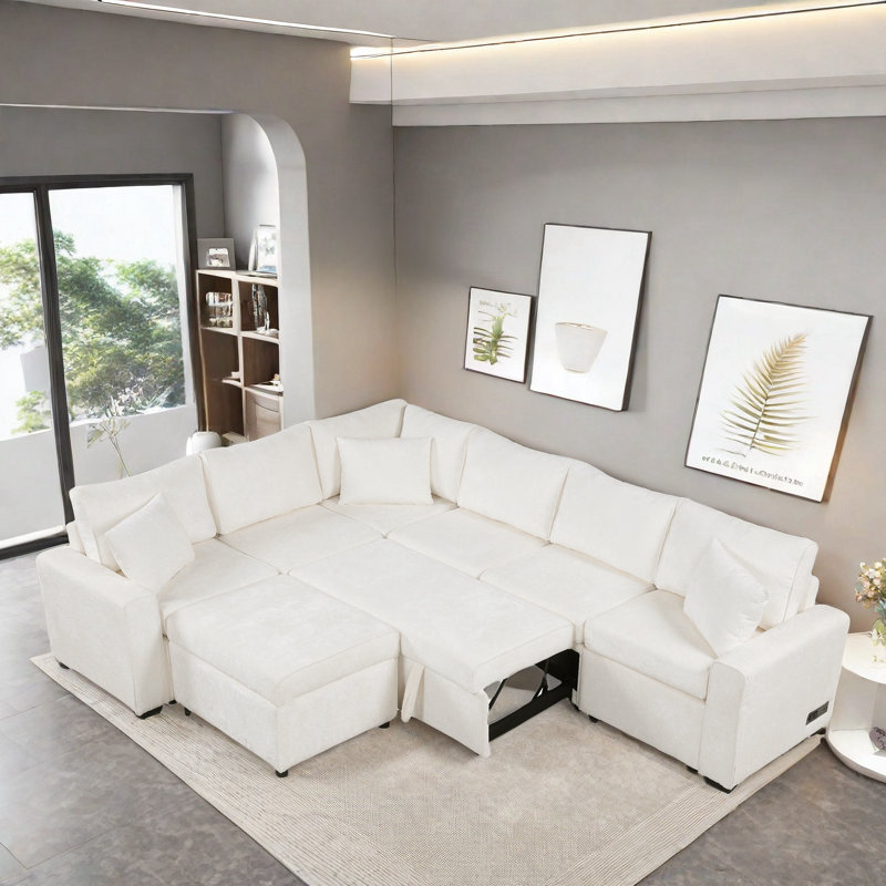 Canapé modulaire escamotable avec repose-pieds de rangement, 3 coussins et ports de charge Naomie, Chenille crème