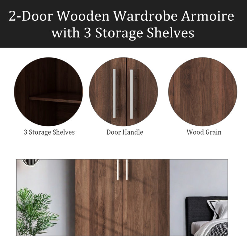 Armoire-penderie 2 portes en bois avec 3 tablettes de rangement, brun