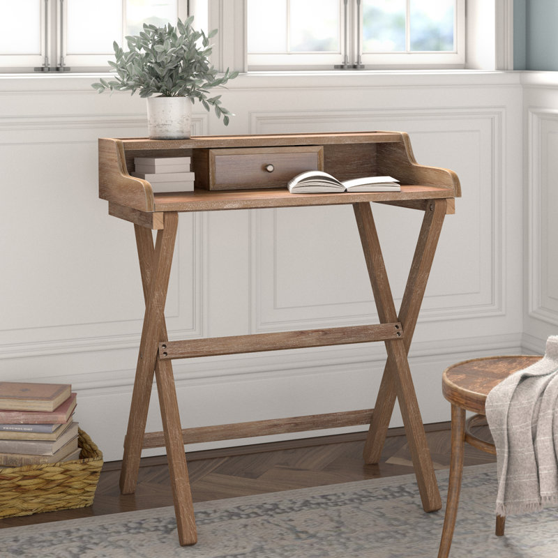 Bureau pliant en bois massif avec rangement et tiroir Bansom, Gris délavé