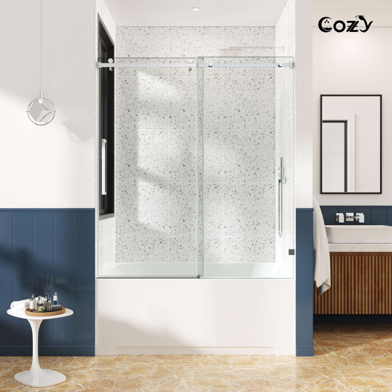 68-73" W x 60" H Frameless Single Sliding Tub Door with 3/8" (10mm) Clear Tempered Glass, Shatter-Resistant Film & Installation Hole Locator - Square Top Rail