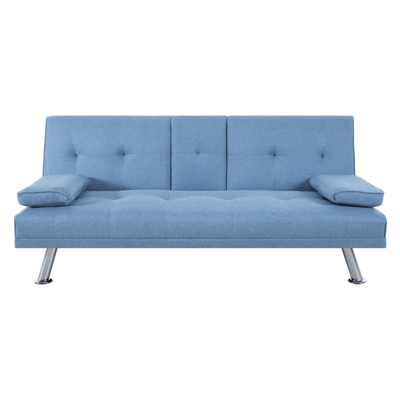 Aribelle Convertible Linen Upholstered Futon Sofa Bed with Armrests, Metal Legs & Dual Cup Holders, Robin Egg Blue Linen