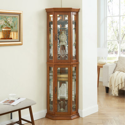 Lighted Corner Curio Cabinet - Glass Display Shelf With Tempered Glass Doors, Adjustable Shelving, And Included Bead Bulb - Ideal Bar Cabinet For Home Decor-OAK