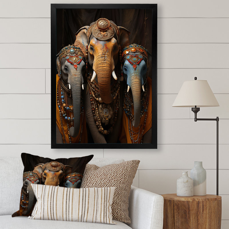 Art asiatique, éléphants thaïlandais sur toile, H 20 po x l 12 po x P 1 po, Cadre photo noir