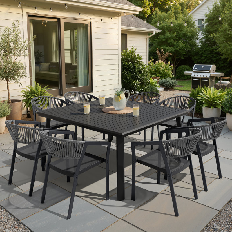 8 - Person Aluminum Outdoor Dining Set With 8-Pound Stacking Chairs And Umbrella Hole, 57'' In. W X 57'' In. D, Dark Gray