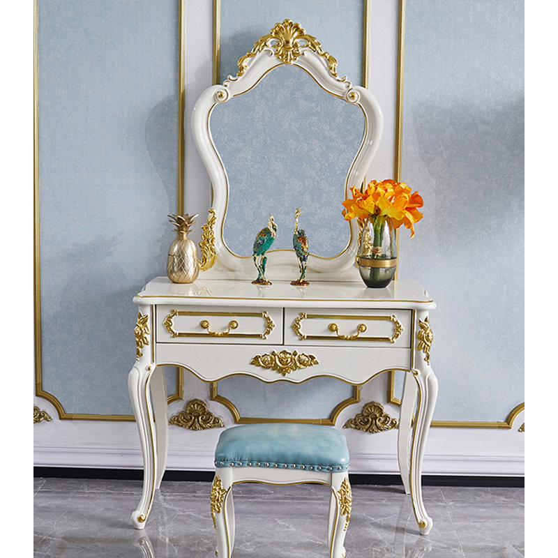 Coiffeuse de style européen en chêne blanc avec incrustations dorées pour chambre à coucher