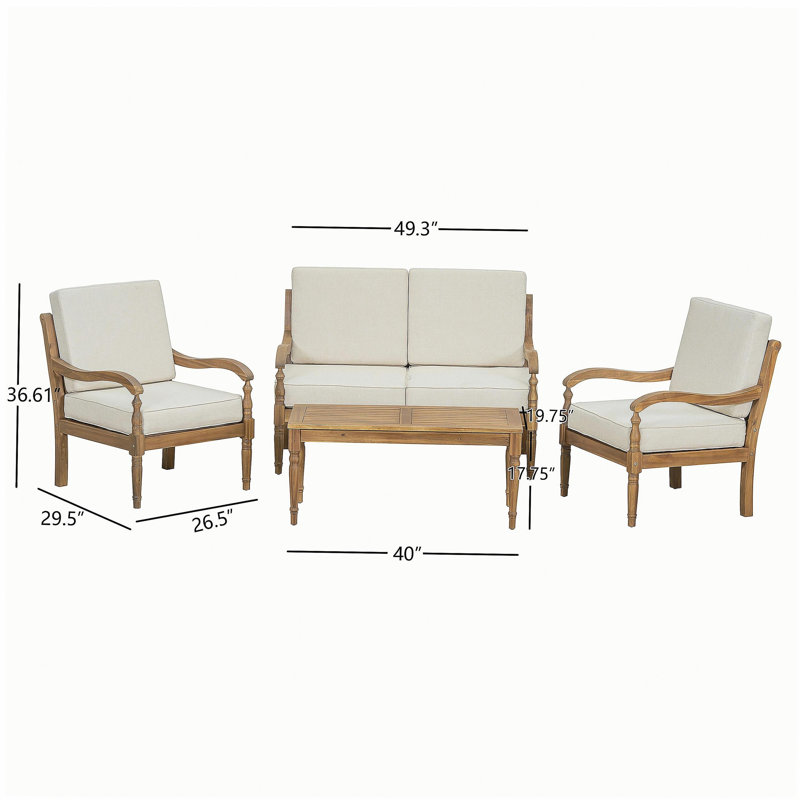4 Piece Sofa Seating Group with Cushions, Outdoor Acacia Wood Patio Seating Group,Natural+Beige