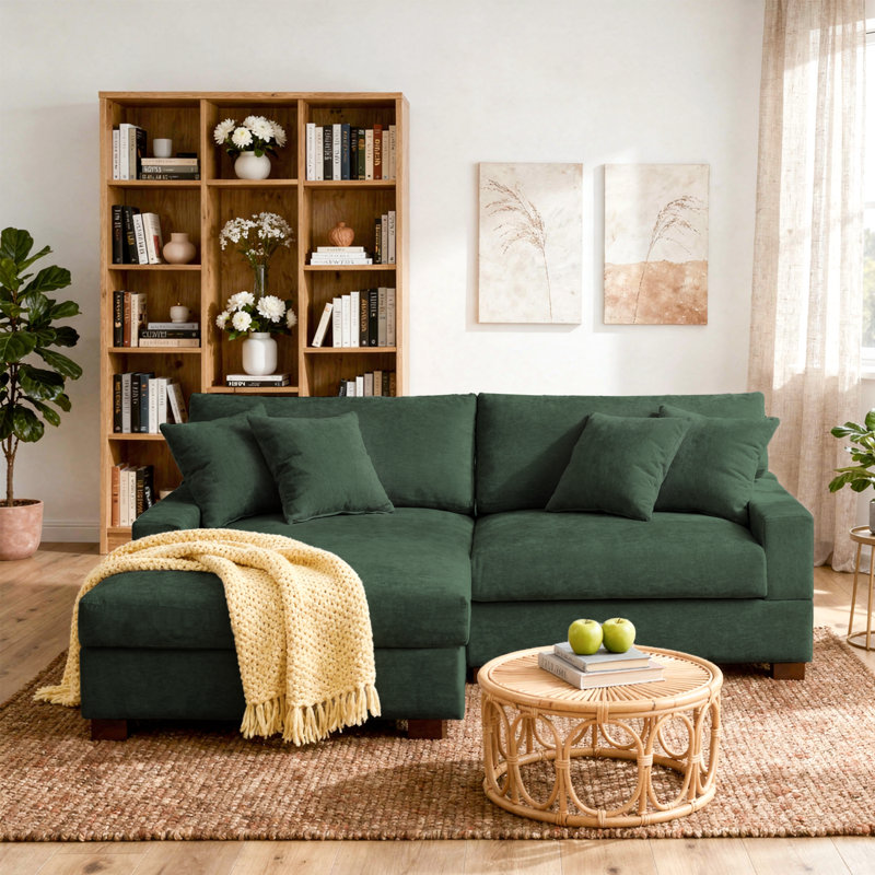 2-Piece Chenille Sectional Sofa, Green Chenille, Left Hand Facing
