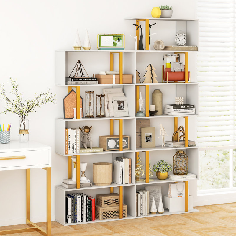 Bibliothèque en forme de S avec bibliothèque en métal 2 pièces, (6 tablettes) H 74,5 po x l 27,5 po x P 9,5 po