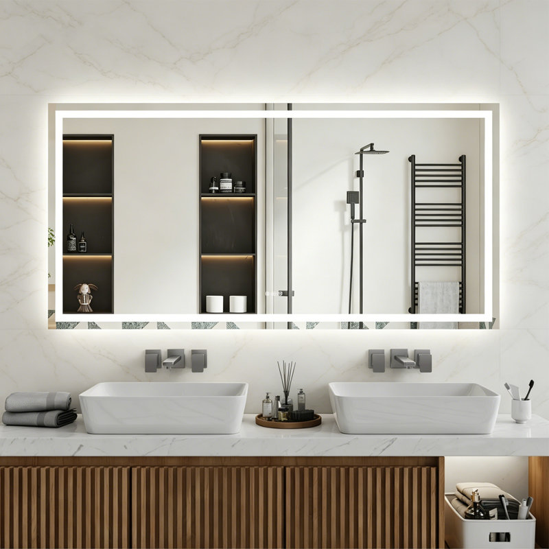 Miroir de salle de bain moderne à DEL à fixation murale à l'avant et à l'arrière rétroéclairé avec réglage en 3 couleurs, verre trempé incassable