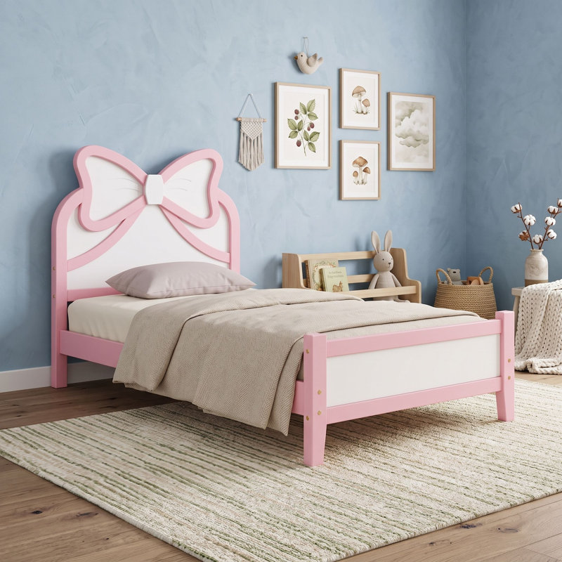 Lit plateforme en bois avec tête de lit courbée et sommier à lattes, Lit simple, Blanc rose