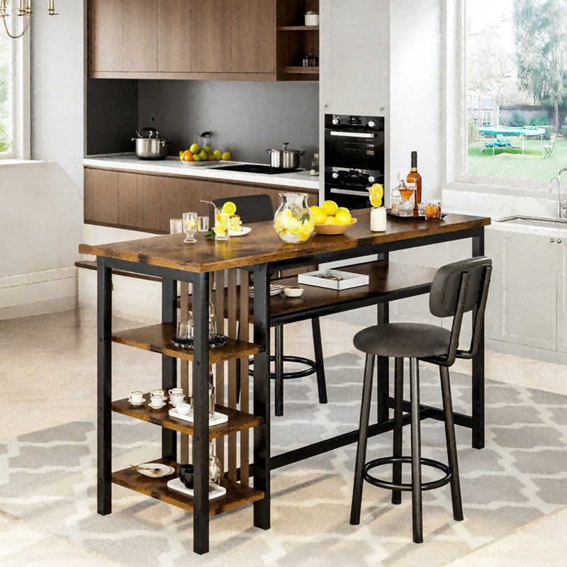 Bar Table Set For 2 With 4 Storage Shelves, 47" Industrial Breakfast Table And 2 Upholstered  Counter Stools W/ Backrest And Footrest, 3-Piece Dining Set For 2, Space Saving Bar Height Table And Chairs For Kitchen,Dining Room, Living Room, Studio, Pub