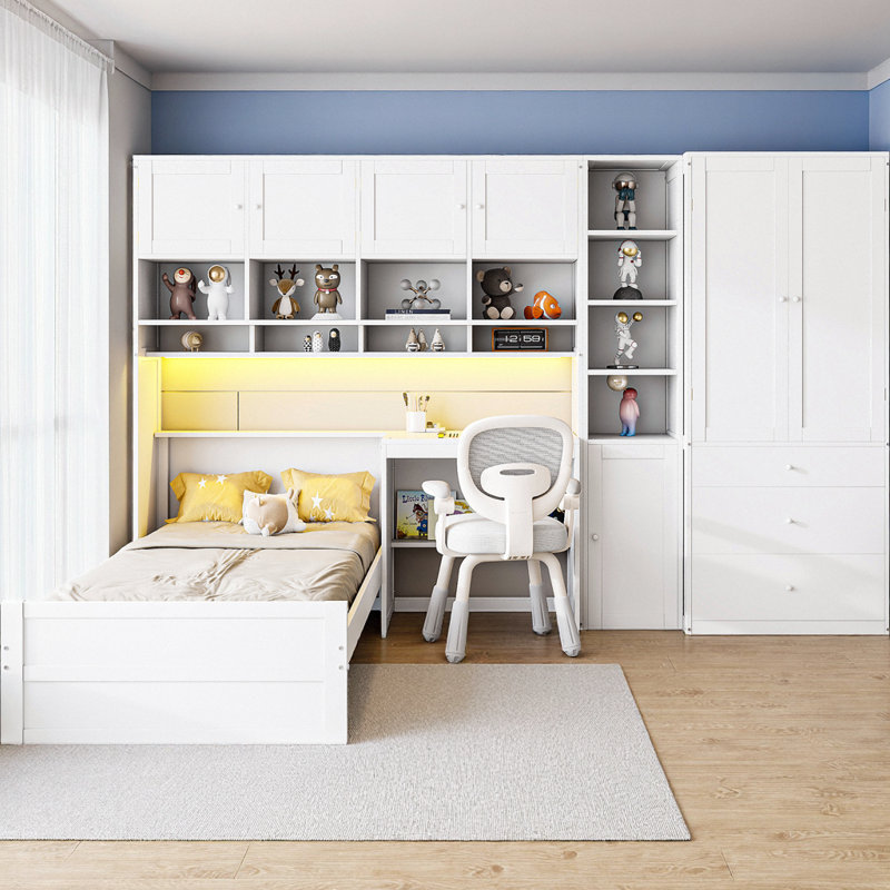 Lit mezzanine simple en bois avec bureau intégré, garde-robe, tablettes et tiroirs, éclairage à DEL intégré, meuble tout-en-un complet pour la chambre à coucher, conception peu encombrante