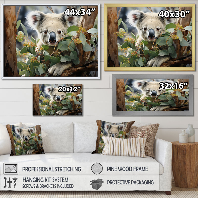 Aquarelle, arbre koala, observateur 2 - art mural koala, Cadre d'angle fermé noir, H 32 po x l 16 po x P 1 po