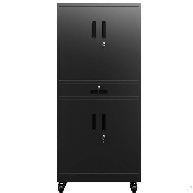 Armoire de rangement en métal avec tiroir, armoire de garage 71 po avec portes verrouillables et 2 tablettes réglables, armoire à outils robuste avec panneau perforé, 8 crochets et roulettes pour le bureau à domicile