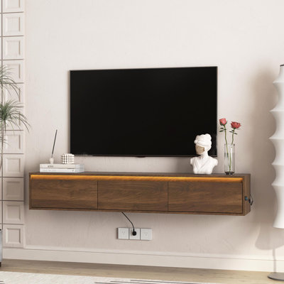 Meuble télé flottant, meuble télé mural avec lumières DEL et prise de courant, meuble télé ultrabrillant pour meuble télé en bois pour le salon