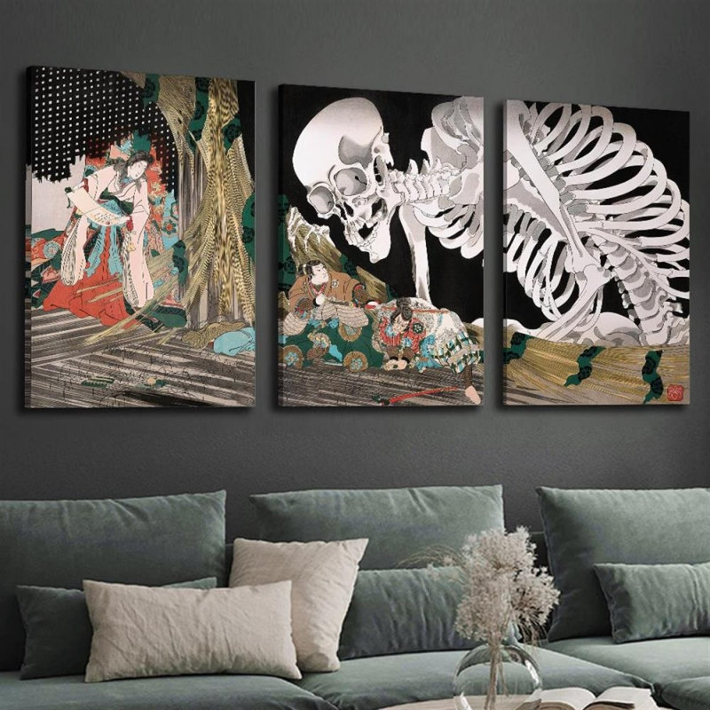Impression sur toile squelette foncé 3 pièces Ukiyo-e, 12 x 8 pouces 3 pièces