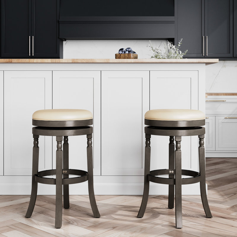 Tabouret de bar 30 po gris vieilli, siège en cuir noir, pivotant à 360 °, siège de 17 po de diamètre, repose-pieds de 12 po, fabrication en bois gris avec cuir, fauteuil rotatif. Fabrication en bois franc