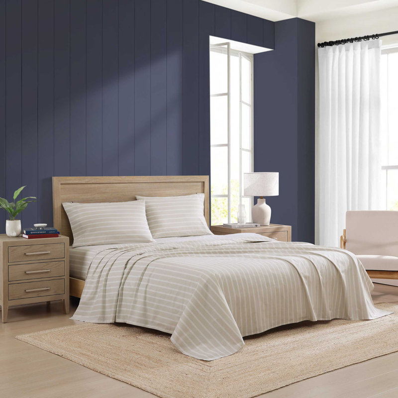 Tommy Hilfiger Printed Percale Cotton Sheet Set, King Sheet Set with 2 Pillowcases, Beige Striped