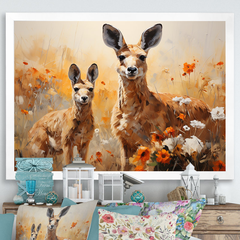 «Kangaroo Golden Blooms Outback» sur toile, Cadre simple blanc, H 12 po x l 20 po x P 1 po