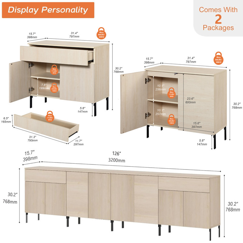 126" Modern Reeded Drawer Dresser Set With Doors For Bedroom, Minimalist Chest Of Drawers With Storage, Wooden Dresser For Living Room, Bedroom, Entryway