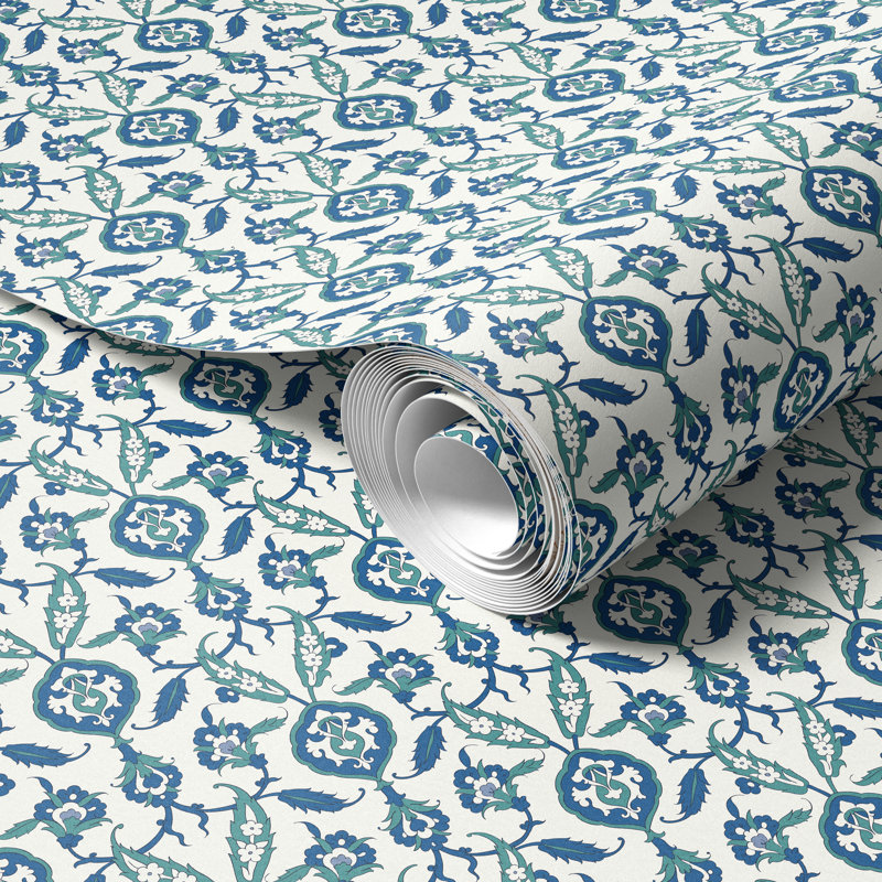 Adhésif décoratif damassé florale d'inspiration Iznik - Papier peint adhésif bleu et bleu sarcelle pour murs décoratifs bohémiens