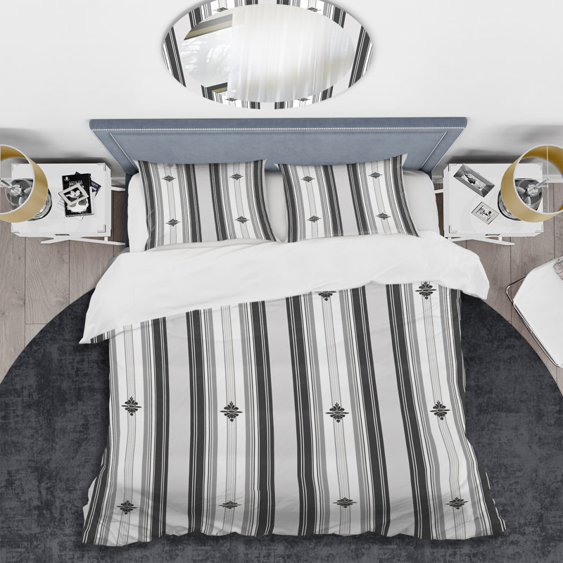 Ensemble de housse de couette moderne gris et blanc à rayures fines, Housse de couette simple + 2 taies décoratives st