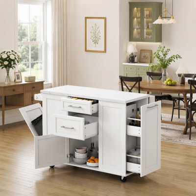 Îlot de cuisine avec rangement, meuble à poubelle basculant et organisateur coulissant sur roulettes