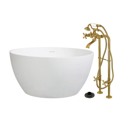 Kingston Arcticstone 45-Inch Solid Surface Round Double Ended Freestanding Tub With Faucet Combo And Drain