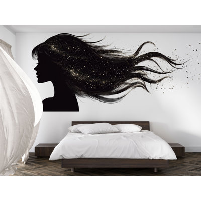Hair Salon Stickers, Woman Silhouette Wall Decal, Beauty Salon Wall Stickers, Glam Hair Studio Decor, Gold Sparkle Hair Decal 583MV