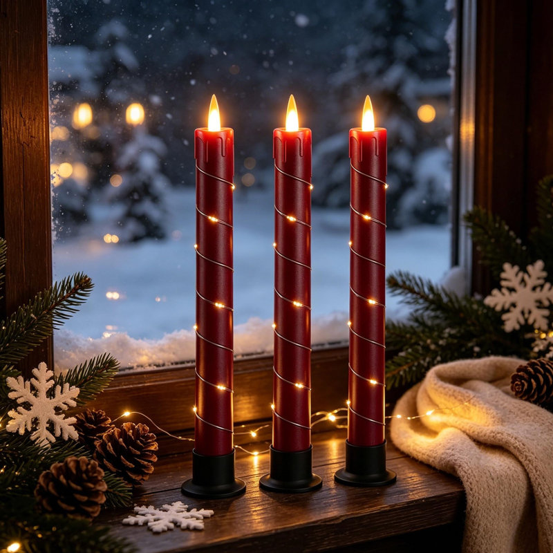 Unscented Flameless Taper Candle with Plastic Holder, Red