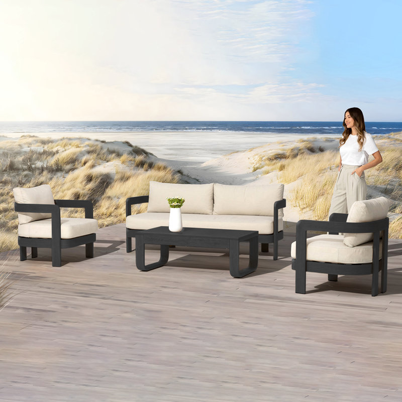 Assembly Free Sofa, Quick Assembly Coffee Table,Outdoor Aluminum Sofa Set,  5 Person Outdoor Seating Sofa, Wood Grain Veneer Sofa Set for Patio