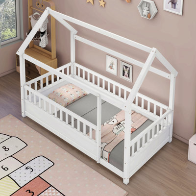 Twin Size Floor Wooden Bed With House Roof Frame, Fence Guardrails