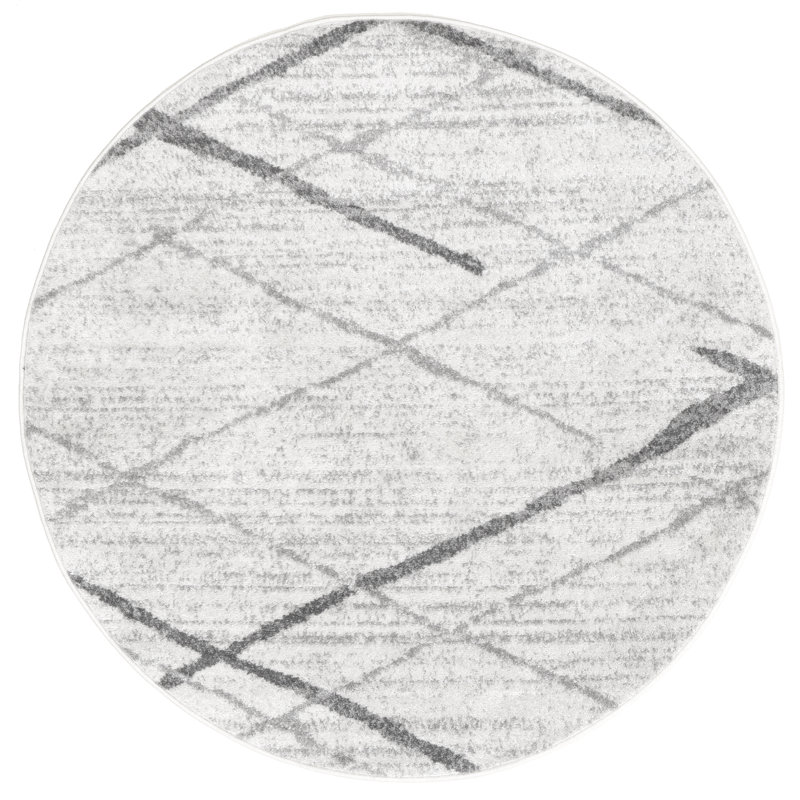 Tapis contemporain ivoire, gris et gris anthracite à rayures abstraites Amii, Rond 6 pi