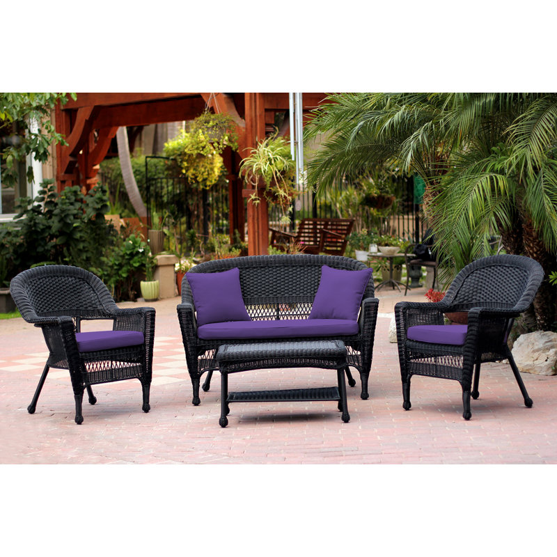 Ensemble de conversation avec canapé en rotin 4 pièces Cecilton, Sans coussin, Noir