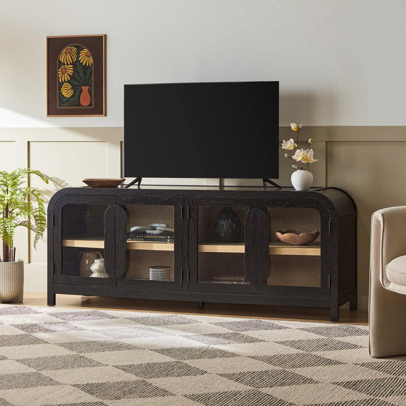 Meuble télé moderne incurvé avec portes en verre, 70 pouces, Noir