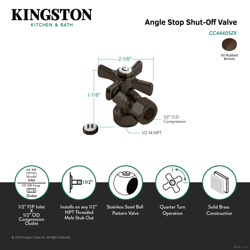 Kingston Brass Millennium 1/2-Inch FIP x 1/2-Inch OD Comp Quarter-Turn Angle Stop Valve, Oil Rubbed Bronze