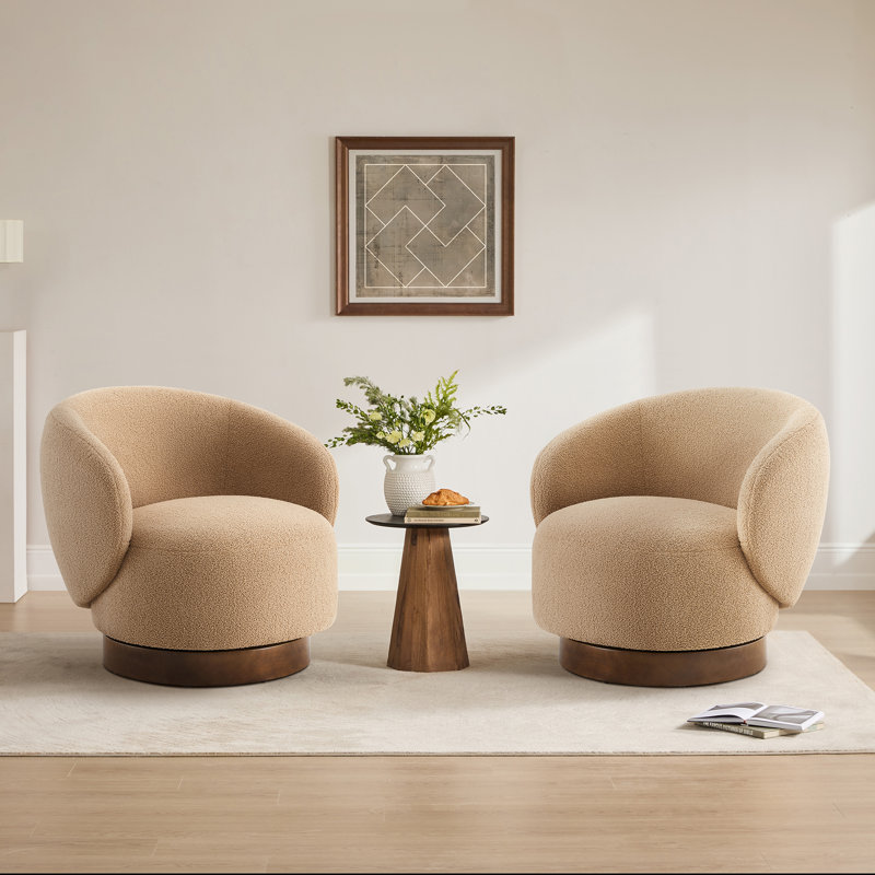 Chaises demi-tonneau pivotantes modernes avec base en bois, Chameau