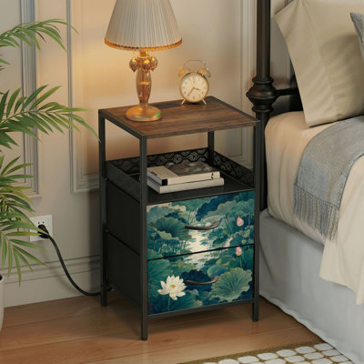 Table de chevet 2 tiroirs avec station de charge, table de chevet pour chambre avec ports USB et amp; Imprimé japonais Outlets