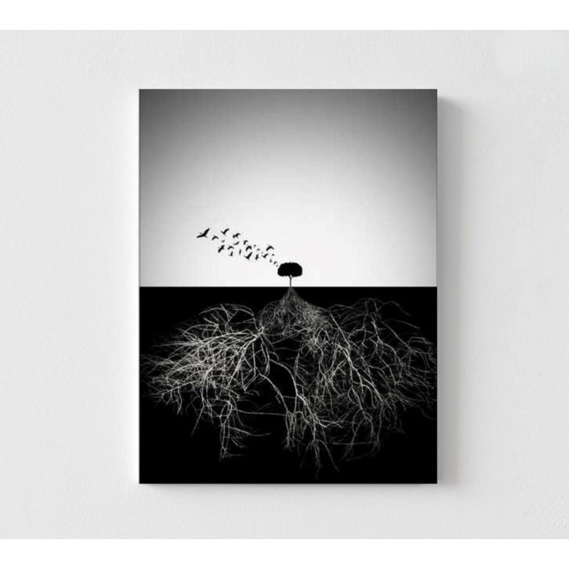 Racines et vol, art mural - Arbre monochrome avec oiseaux en vol, H 12 po x l 16 po, Ne s’applique pas, Ne s’applique pas