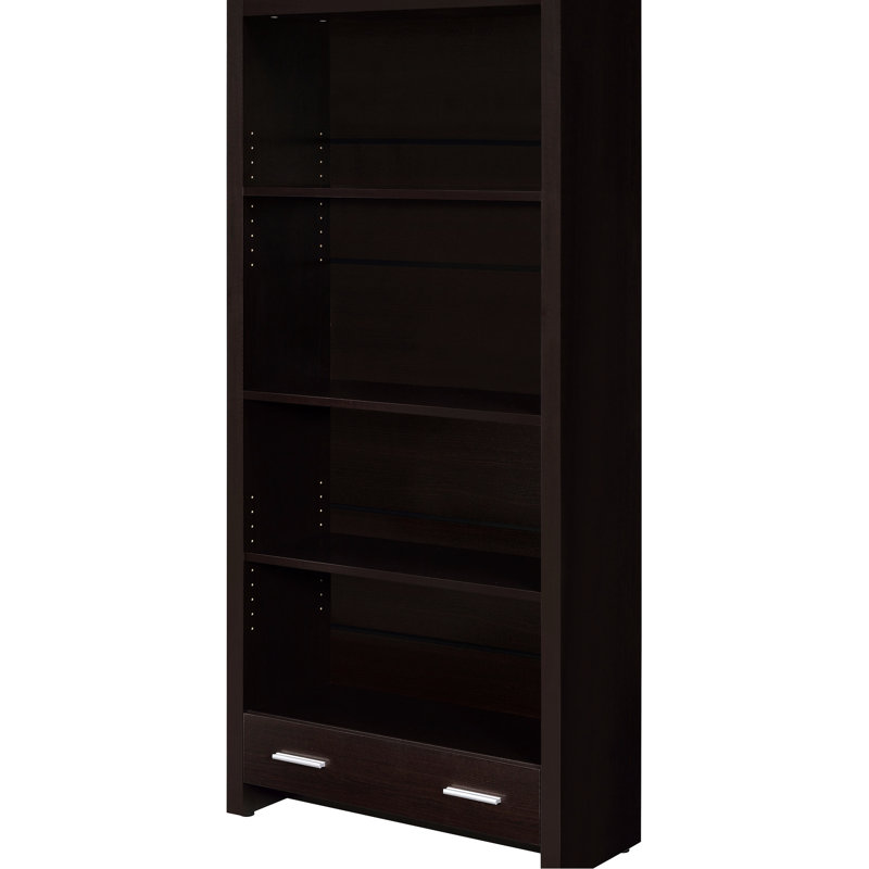 Bibliothèque à 5 tablettes avec tiroir dans des tons de cappuccino riches, apporte une touche d'élégance à la pièce, un grand espace de rangement pour les objets décoratifs, une lueur chaleureuse, un espace organisé et élégant, fonctionnel et caché