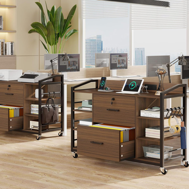 43.3" W lockable 2-Drawer Cabinet, Walnut