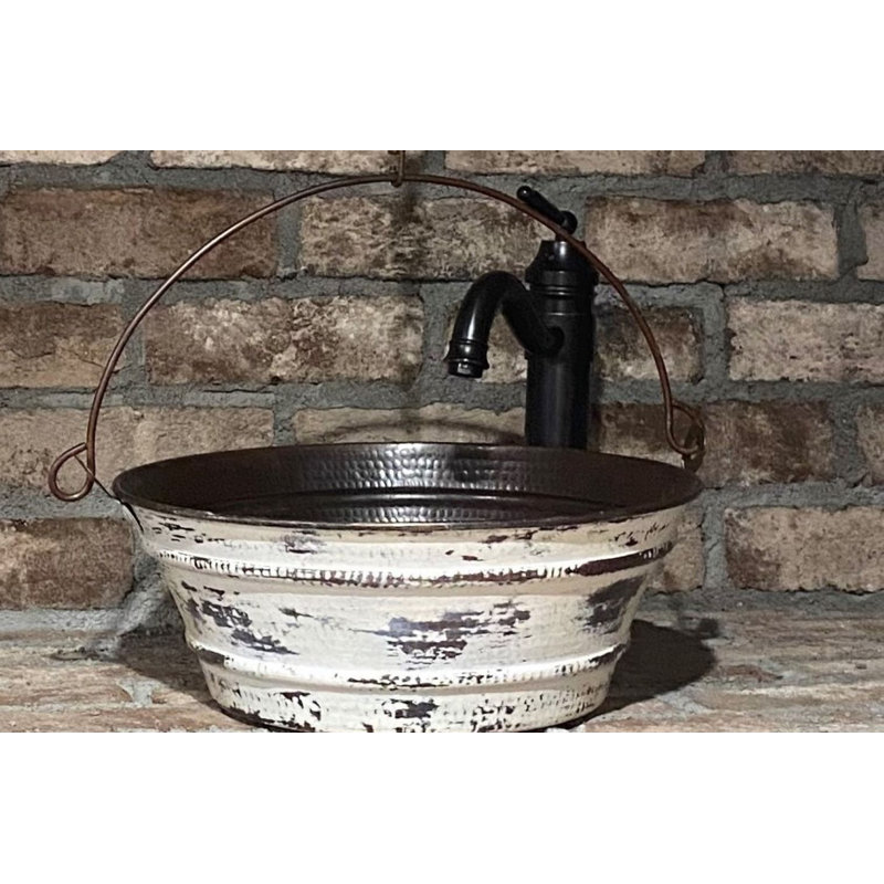 Lavabo de salle de bain cuve / seau rétro en cuivre 15 po avec drain extérieur blanc vieilli inclus