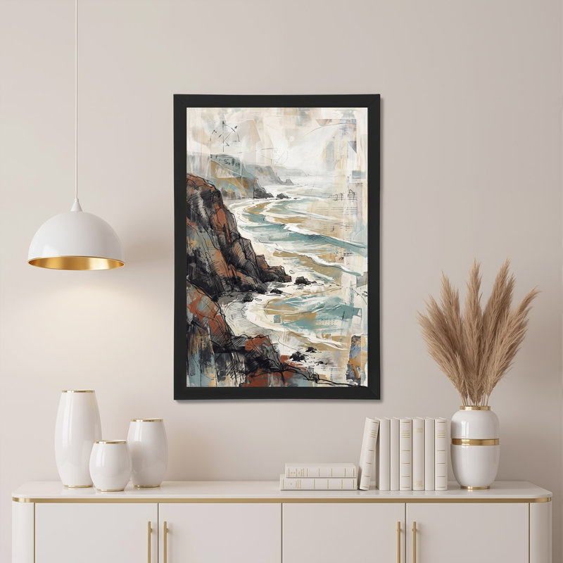 Tableau abstrait sur toile représentant des falaises côtières aux tons rouille et turquoise, H 30 po x l 20 po