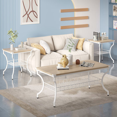 Aliona 3-Piece Coffee Table and End Table Set, Modern Industrial Accent Tables with Storage Shelf, Engineered Wood and Metal Living Room Furniture