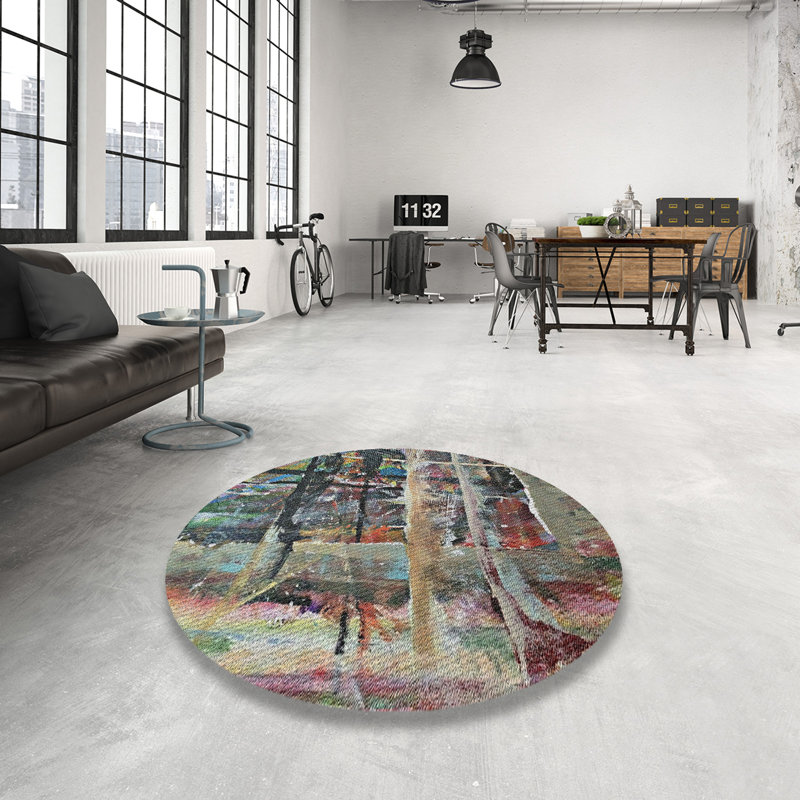 Tapis gris/brun/noir à motifs, Rond 3 pi