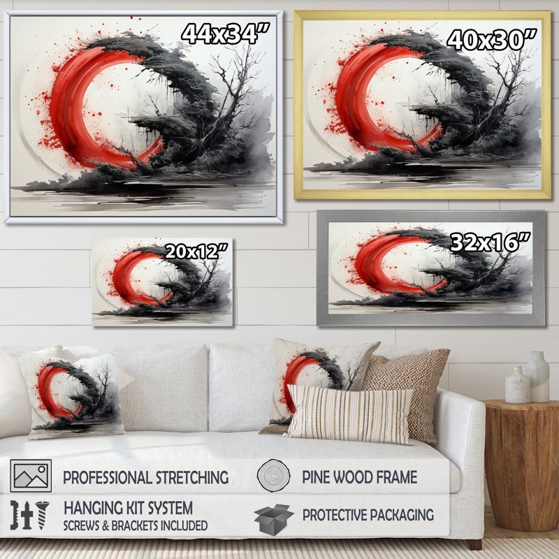 Art bouddhiste rouge et noir Enso Lumenment - impressions murales spirituelles, Cadre simple noir, H 24 po x l 32 po x P 1 po