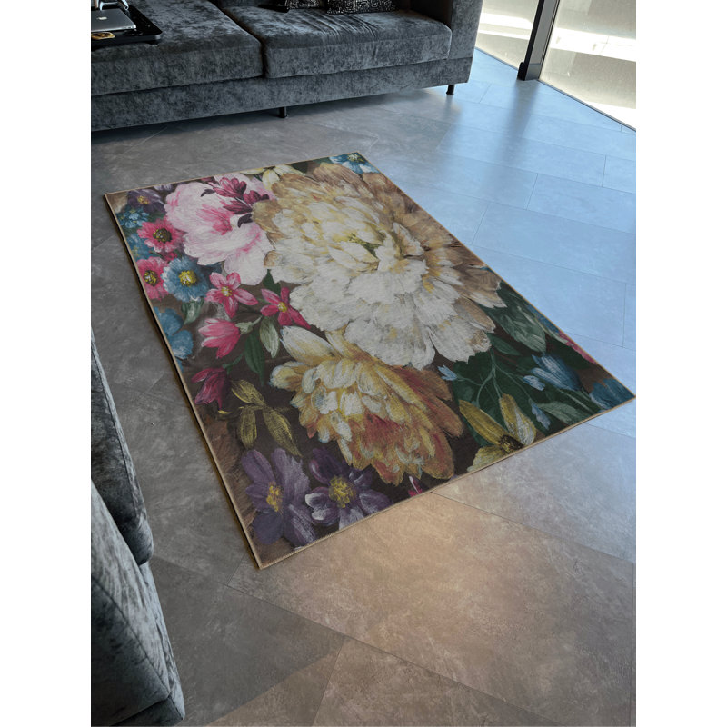 Tapis décoratif moderne multicolore à motif floral et rose, Rectangle 4 pi 7 po x 6 pi 6 po